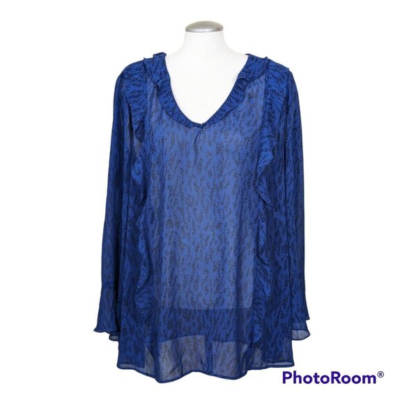 Penningtons Womens Plus Size 3X Blouse Chiffon Sheer Blue Animal Print Ruffle - Picture 1 of 5
